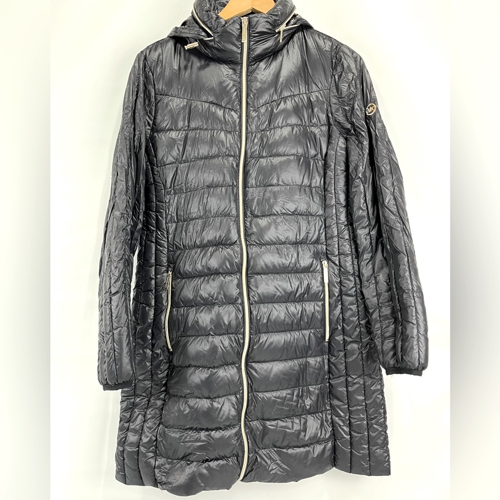 Michael Kors Packable Quilted Hooded Down Jacket Puffer Coat M Shiny Black